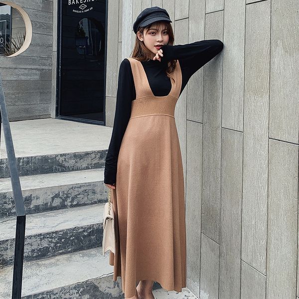 

high waist knitted strap skirts womens autumn winter fashion streetwear long sweater skirt vintage casual ladies saia longa 2019, Black