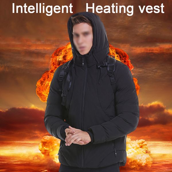 

men winter hooded soft usb powered skiing long sleeve heating zipper washable waterproof wadded jacket outdoor warm, Black