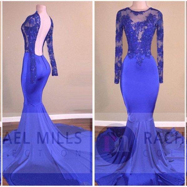 

2019 african sheer royal blue prom dresses mermaid lace appliques open back evening celebrity occasion gowns plus size ba6267