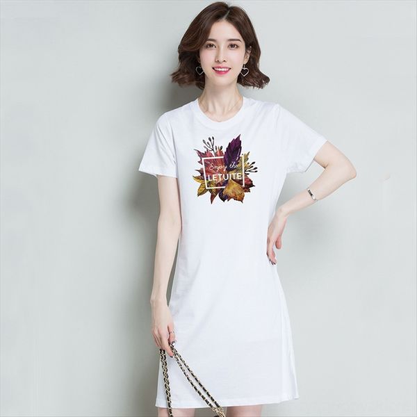 

2020 short-sleeved t-shirt women's loose mercerized cotton printed medium and long round collar base shirt women's wear silk scree, White