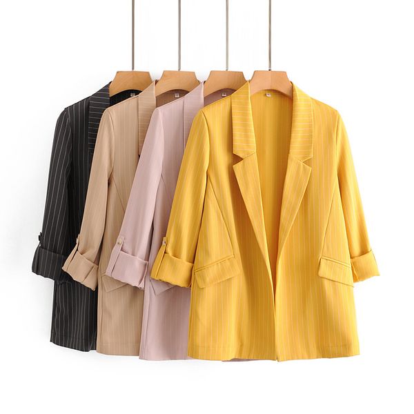 

2020 women vintage striped blazer office lady casual summer turn-down collar cardigan blazer outwear women log sleeve blazers, White;black