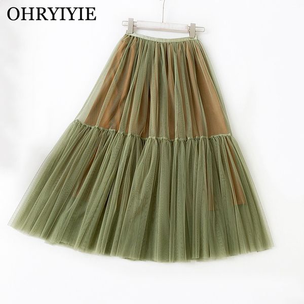 

ohryiyie green tulle skirts women 2019 new summer sweet patchwork tutu skirt female high waist mesh midi skirt jupe longue femme, Black