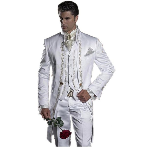

2018 embroidery groomsmen mandarin lapel groom tuxedos white men suits wedding/prom man blazer (jacket+pants+vest, White;black