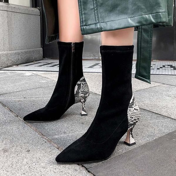 

new winter high heel shoes women's boots mixed colors snake stretch flock boots european mid-calf botas mujer, Black