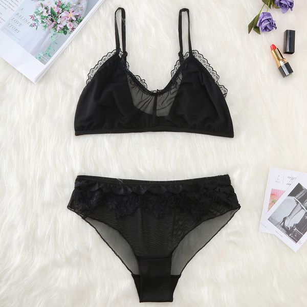 

women solid lace perspective two-piece underwear set sous vetement femme ensemble lingerie porno wire transparent bra, Red;black