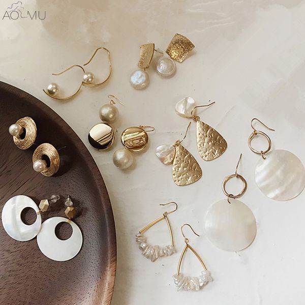 

aomu корея новый дизайн перл матовый металл геометрическая большой круглый круг shell длинные серьги падения для женщин пляж boho ювелирные, Silver