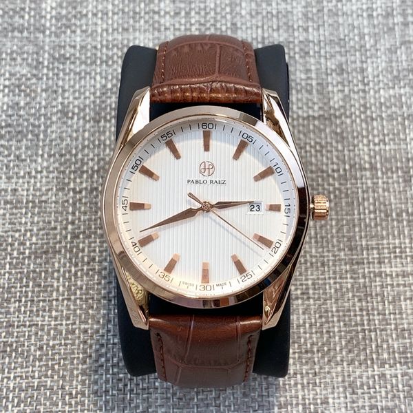 

pablo raez mens steel case quartz simple wristwatch luxury watch new style clock relogies for men genuine leather fashion gentleman watch, Slivery;brown
