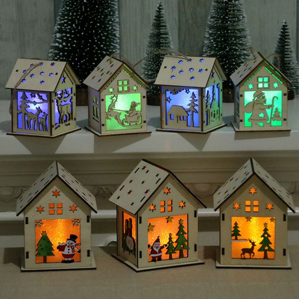 

1pc christmas led light wood snow house christmas tree hanging ornaments holiday nice xmas gift festival wooden cottage decor