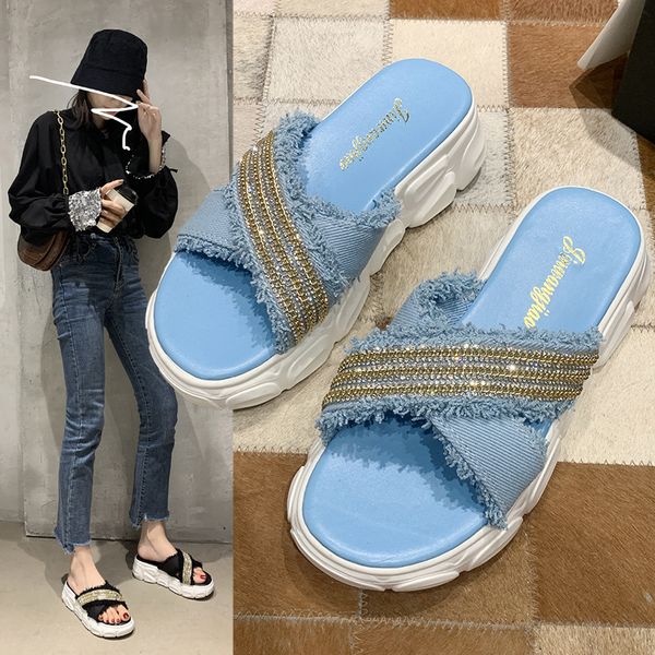

slippers 2021 summer thick bottom fashion women leisure beach shallow med (3cm-5cm) wedges slides outside cloth mixed colors, Black