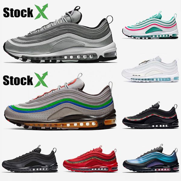 

silver bullet 97s men women running shoes trainer stock x brand jesus triple black bred laser fuchsia sport sneakers women 36-45