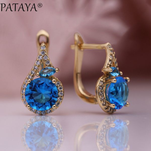 

pataya new women fine noble horse eye dangle earrings 585 rose gold round blue natural zircon wedding party cute fashion jewelry, Silver
