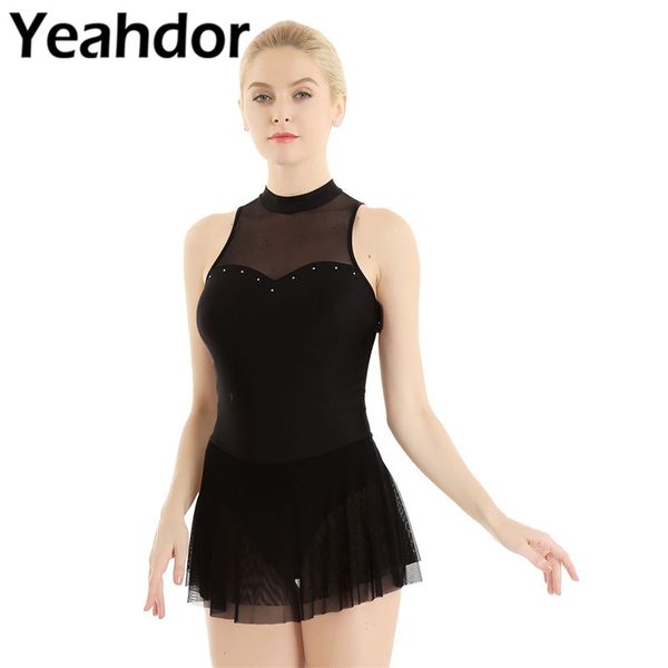 

women mesh splice ballet leotard dress sleeveless high neck with built-in leotard bodysuit ballet gymnastics dress, Black;red