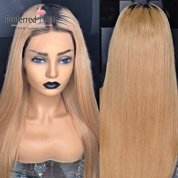 

preferred honey blonde #27 13x6 lace front wig pre plucked brazilian remy 1b roots straight full lace human hair wigs for women, Black;brown