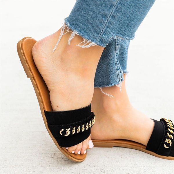 

summer women's slippers ladies retro metal chain flip flops woman casual comfort shoes women open toe beach shoes, Black