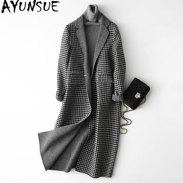 

ayunsue women wool coat long plaid jacket houndstooth double sided autumn overcoat elegant abrigo mujer 2019 kqn37110-2 kj2584, Black