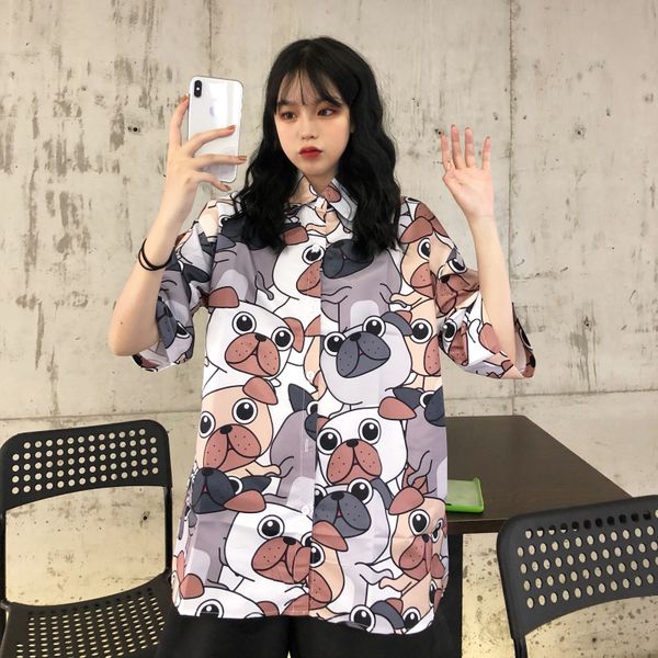 

women's blouses & shirts 2021 summer blouse women cute cartoon dog print shirt harajuku graffiti loose lapel short sleeve chiffon femal, White
