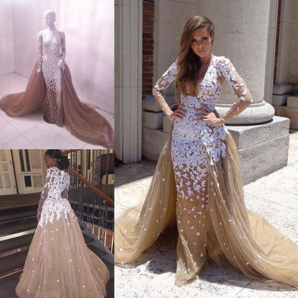 

элли сааб русалка вечерние платья с overskirts v шеи длинным рукавом формальные пром платье развертки поезд вечерние платья плюс размер, Black;red