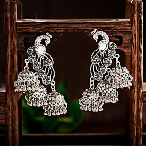 

women's vintage silver peacock jhumka earrings indian jewelry turkish carved bells statement earrings tribal gypsy jewelry