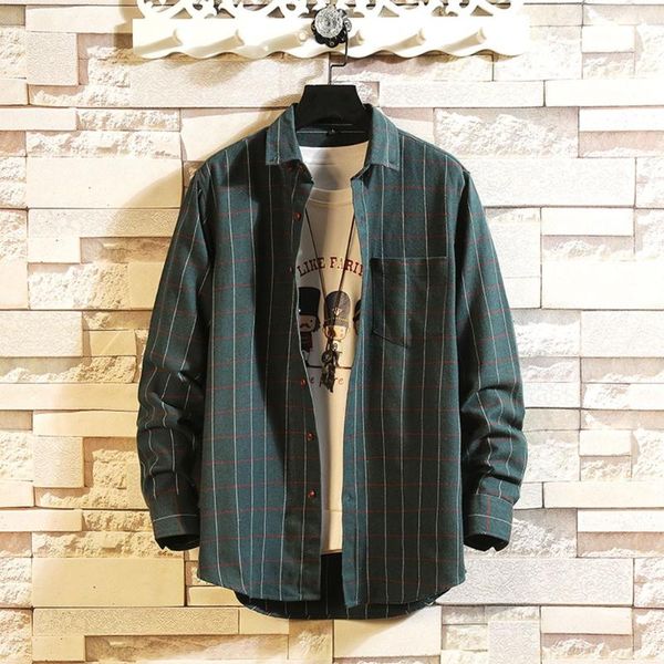 

red green plaid shirt men korean japanese fashion long sleeve casual collar shirts hip hop streetwear classic clothesb50, White;black