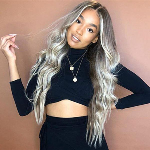 

gradient wig middle part long curly hair black gray 26 inches long rose elastic inner net