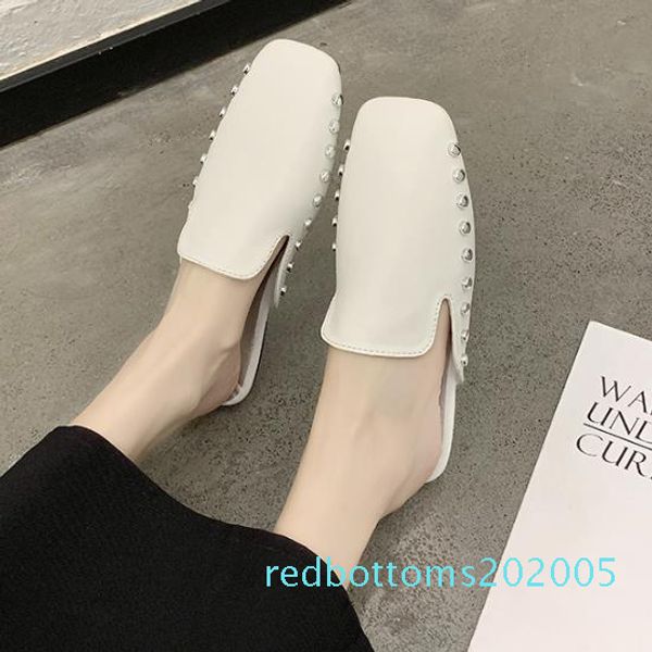 

net red retro square head baotou half slippers low-heeled lazy sandals comfortable soft leather wild mules shoes women r05, Black