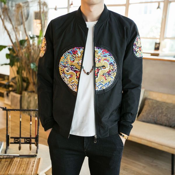 

2018 chinese style men's jacket dragon embroidery fashion bomber jacket coat men slim fit outfit male casual mens windbreakers, Black;brown