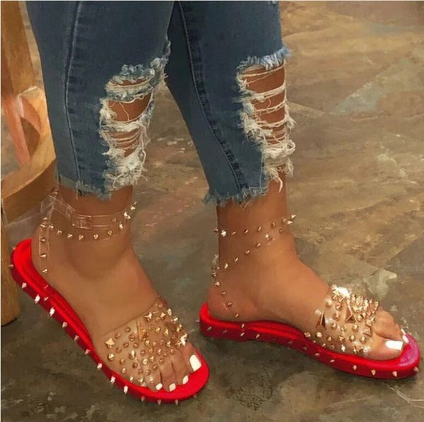 

women rivet sandals large size sandals ladies 2020 summer transparent film flat fishmouth studs women's shoes bling metal flats cool gi, Black