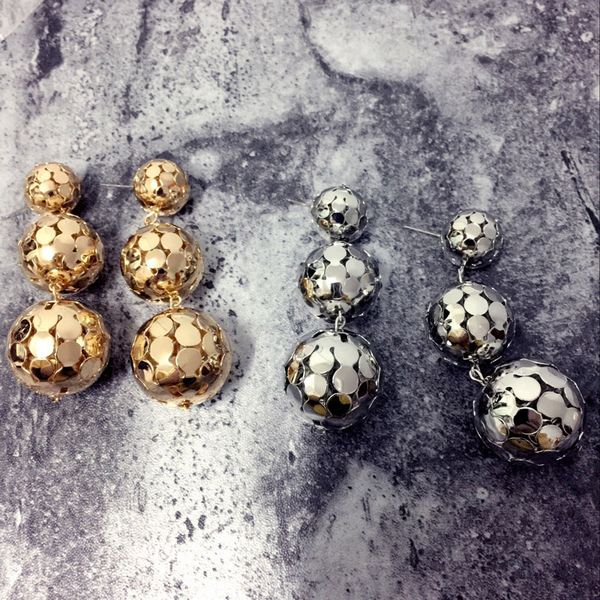 

fashion- triple metal balls drop earrings for women fashion punk jewelry gold hollow ball dangle earrings pendant vintage bijoux, Silver