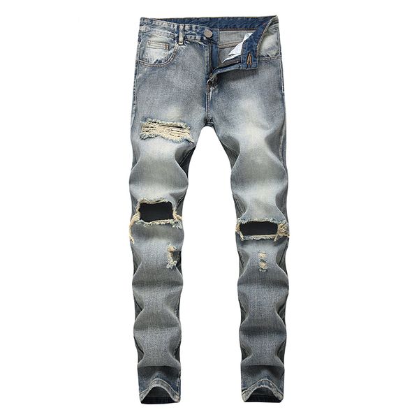 

men brand motorcycle hole cotton pants men jeans elastic destruction ripped design fashion knee hole straight jeans, Blue