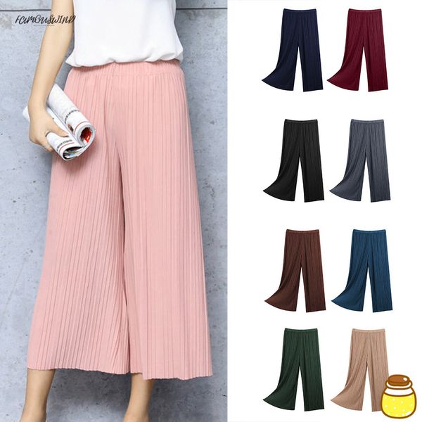 

new summer fashion women ladies pleated wide leg loose solid chiffon trousers stretch waist boho pants pants ol pantalon, Black;white