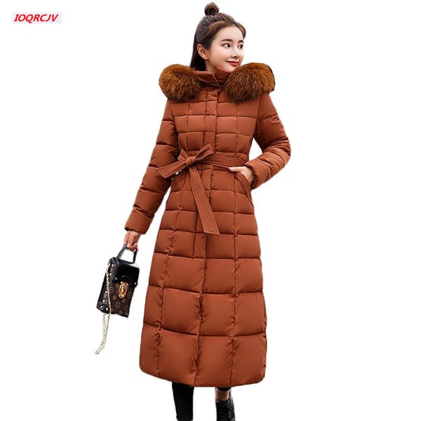 

женщины зима утолщенные хлопок пуховик 2018 плюс размер моды с капюшоном большой меховой воротник теплый пояс длинные ветровки пальто одежда, Black