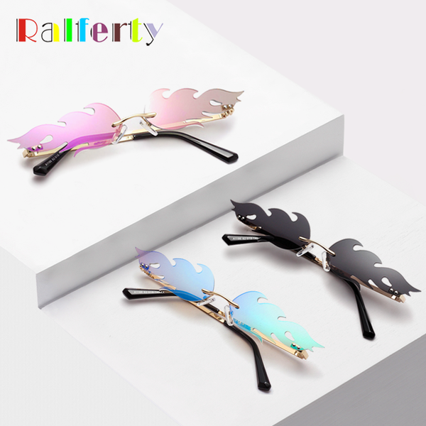 

ralferty decorative festival sunglasses women men bar new 2019 fashion fire flame sunglass rimless wave gift pixel glasses w1186, White;black