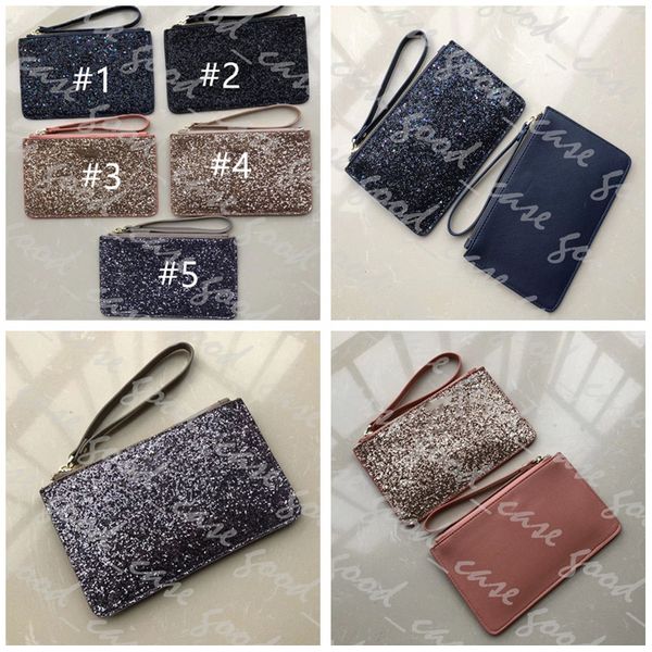 

brand ks sequin glitter wallets with lanyard wristlet zipper purse clutch bags women id card coin pouch cosmetic bags mini handbag d31205, Black