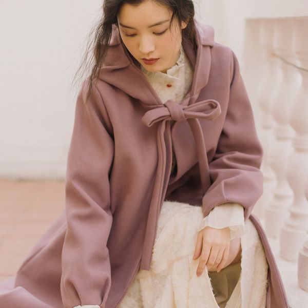 

hanzangl winter wool coat women cotton-padded long sleeve hooded lacing bow sweet casual woolen coats long cloak outwear, Black