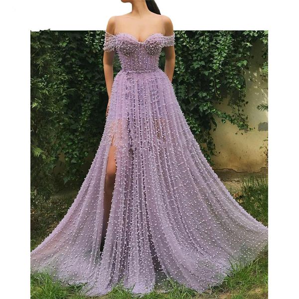 

Lavender Muslim Evening Dresses 2019 A-line Off The Shoulder Tulle Pearls Dubai Saudi Arabic Long Formal Evening prom Gown, Black