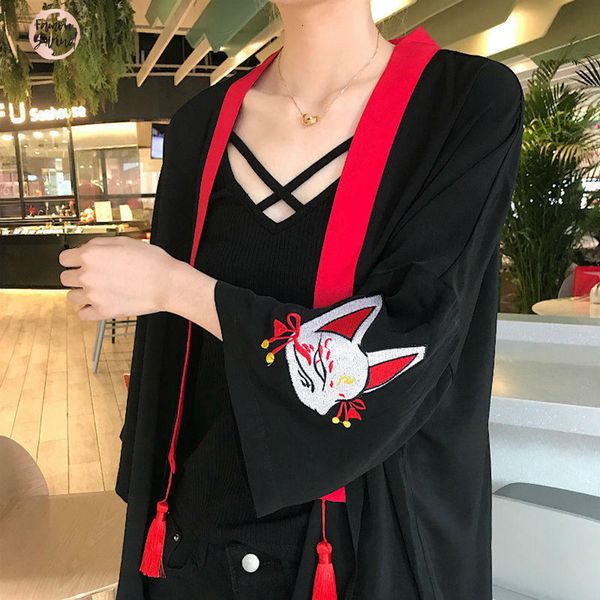 

кимоно японского лето вышивка женщина harajuku кардиган рубашка сыпучий tops casual женской кисточка кимоно outwear 35713, White