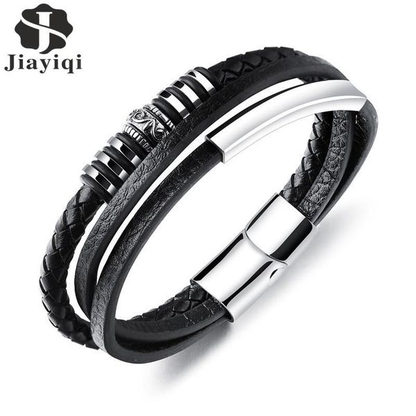 

whole salejiayiqi fashion leather bracelet for men black braid multilayer rope chain stainless steel magnetic clasp male jewelry gifts, Golden;silver
