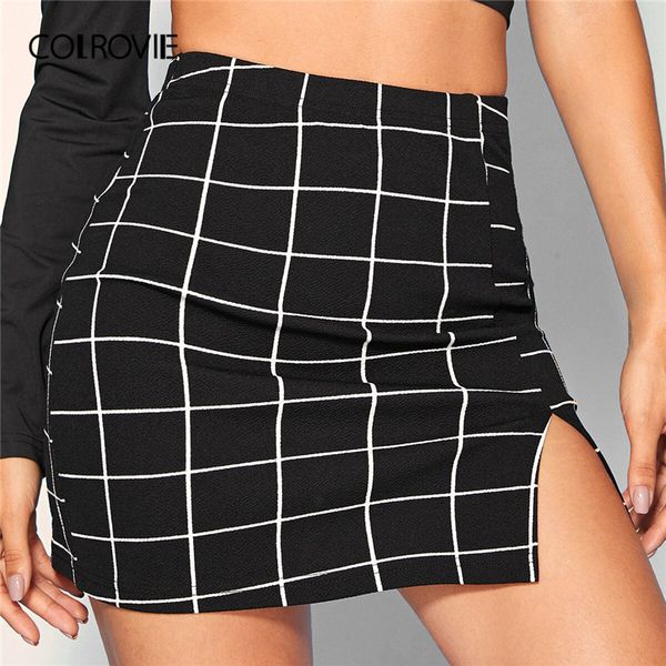 

colrovie black split front grid mini skirt women 2019 summer ladies skirt casual high waist plaid bodycon skirts