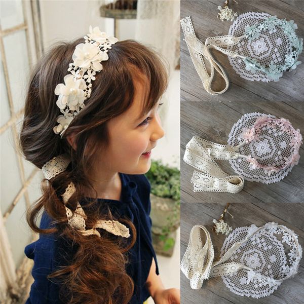 

fashion kids hair accessories long lace ribbon flower hairbands wreath girls headwear sweet princess headband, Slivery;white