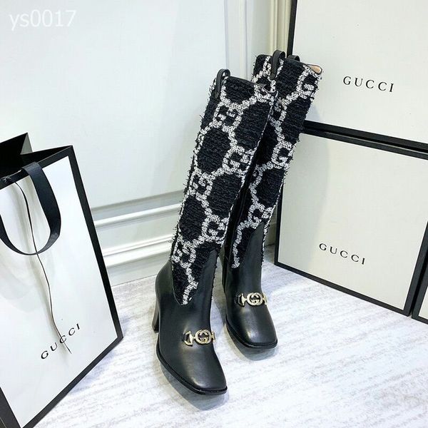 

2019 autumn and winter british wind personality boots high-heeled women's boots side zipper colorblock stripe thick with ms. knight boo, Black
