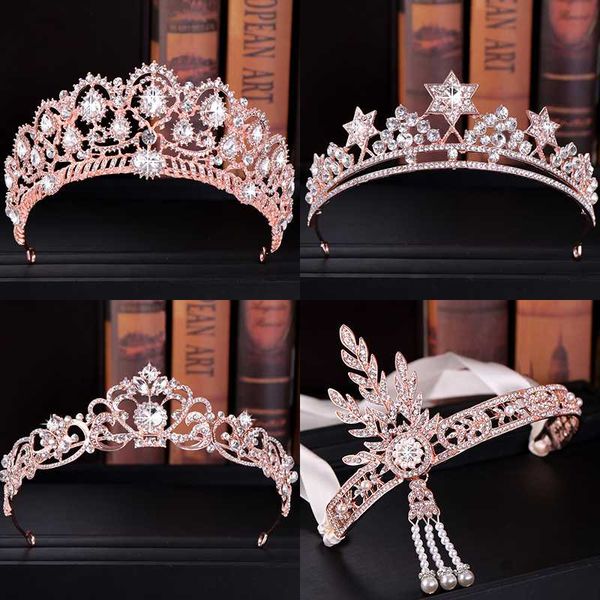 

luxury rose gold tiaras and crowns for women crystal pearls hair jewelry queen diadems bridal headbands wedding hair accessories, Golden;white