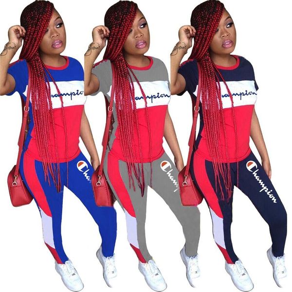 

Champion women hort leeve ummer outfit patchwork color matching track uit 2 piece port wear ca ual treet jogger uit