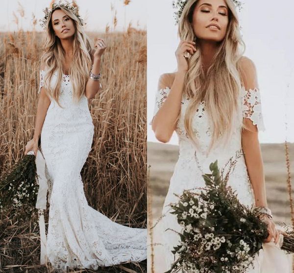 Off The Shoulder Boho Abiti da sposa economici 2022 Bella guaina di pizzo Backless Abito da sposa su misura Abito da sposa Berta Summer Country