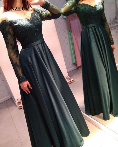 

dark green bridesmaid dress with long sleeves off shoulder a-line wedding party gowns satin beaded appliques long robe, White;pink