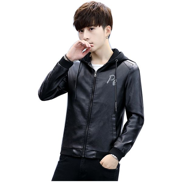 

new leather jacket male motorcycle jacket hat faux leather men py86, Black