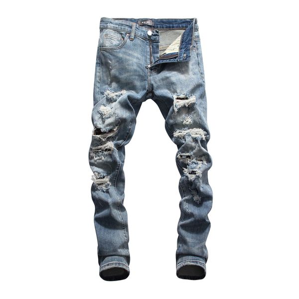 

2019 new men's solid color fashion hole patch jeans youth low waist slim feet motorcycle pants designer jeans size28-38, Blue