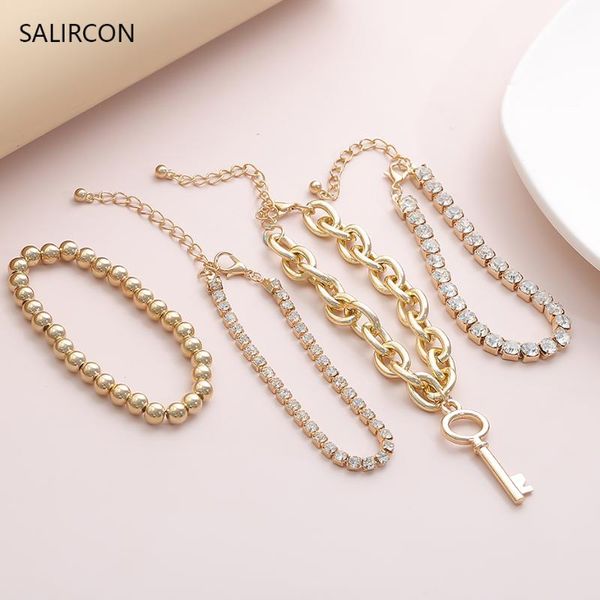 

salircon punk 4pcs/lot key charm couple bracelets set multi layer tennis chain fashion rhinestone bracelet for women ccb jewelry, Golden;silver