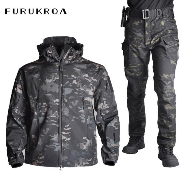 

men tactical outdoor jacket army camouflage waterproof hiking jackets fleece warm windproof suits sportswear x298b, Blue;black