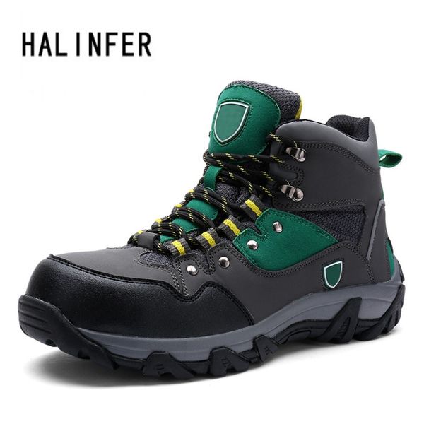 

halinfer steel toe safety work shoes 2018 fashion genuine leataher safety boots slip on breathable puncture proof shoes, Black