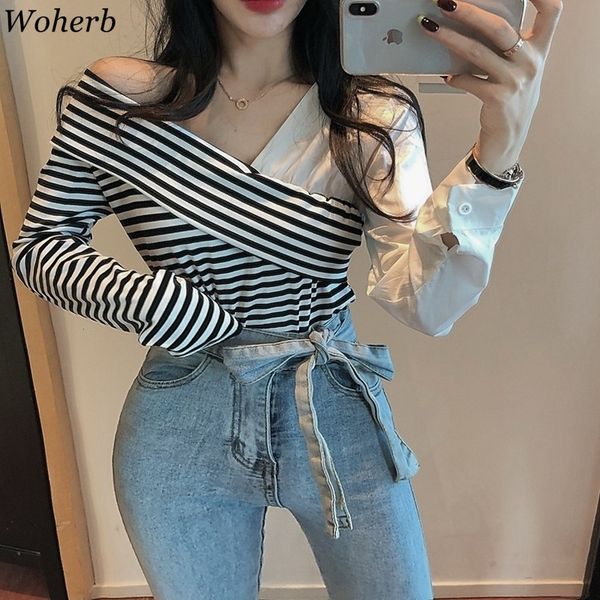 

women's blouses & shirts woherb color patchwork women shirt v-neck striped crossed office lady 2021 spring summer fashion blouse, White